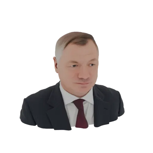 3D рендер бюста мужчины в темном костюме, белой рубашке и красном галстуке с нейтральным выражением лица.