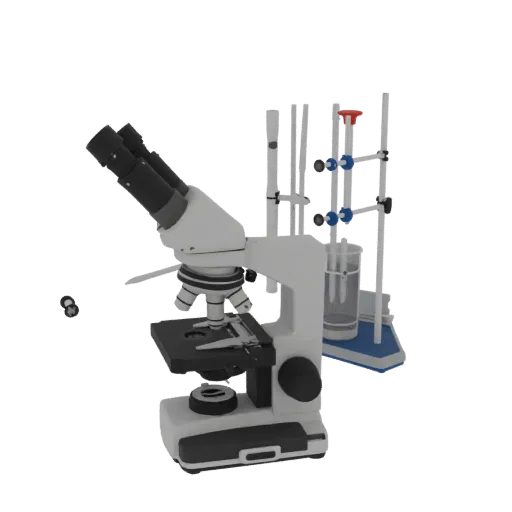 Реалистичная 3D-модель химического микроскопа, трехчетвертной студийный рендер, показывающий стекло, узнаваемые лабораторные