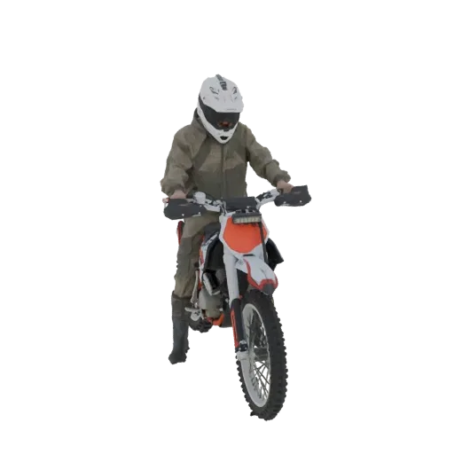 3D модель мотоциклиста в белом шлеме и зеленом защитном костюме, сидящего на белом и оранжевом питбайке.