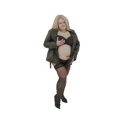 3D модель женщины в кожаной куртке, черном бюстгальтере и чулках, держащей дилдо.