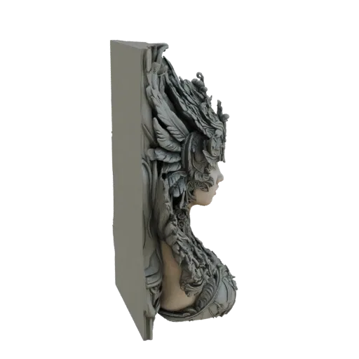 3D рендер бюста Богини Леса, вид в профиль, с замысловатым головным убором из листьев и витиеватыми деталями.