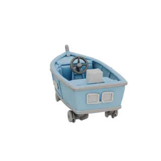 3D модель детской лодки-катамарана на колесах, голубого цвета, в мультяшном стиле