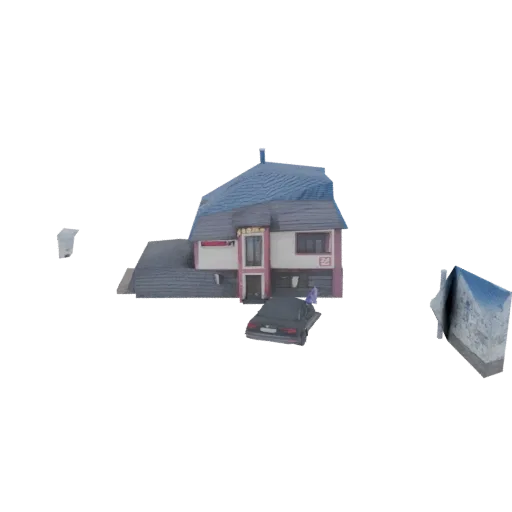 3D модель современного двухэтажного дома с синей крышей, машиной на подъездной дорожке и пристроенным гаражом на белом фоне.