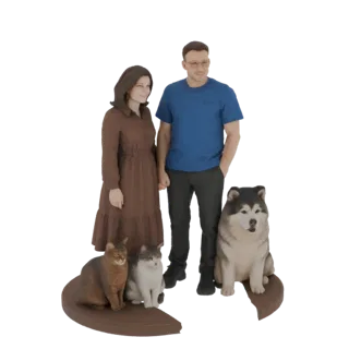 3D-модель семьи с собакой и двумя кошками, стоящих вместе на белом фоне.