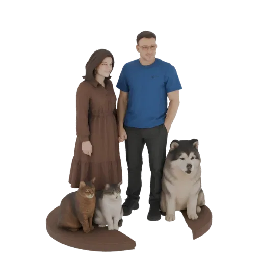 3D-модель семьи с собакой и двумя кошками, стоящих вместе на белом фоне.
