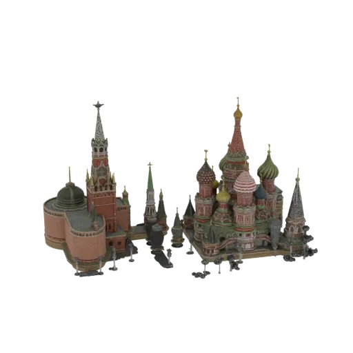3D модель Собора Василия Блаженного и части Московского Кремля с разноцветными куполами и краснокирпичными башнями на белом ф