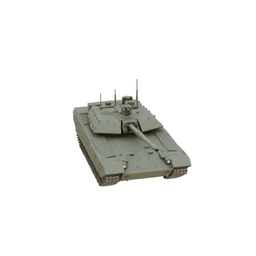 3D модель основного боевого танка оливкового цвета, вид спереди под углом три четверти на белом фоне.