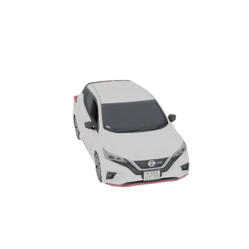 3D модель белого электромобиля Nissan Leaf, вид с немного приподнятого передне-правого угла на черном фоне.