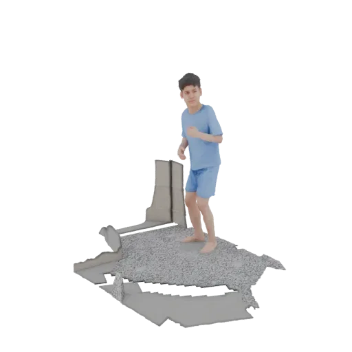 3D рендер мальчика на детализированной, фрагментированной разрушенной местности со сломанными структурами.