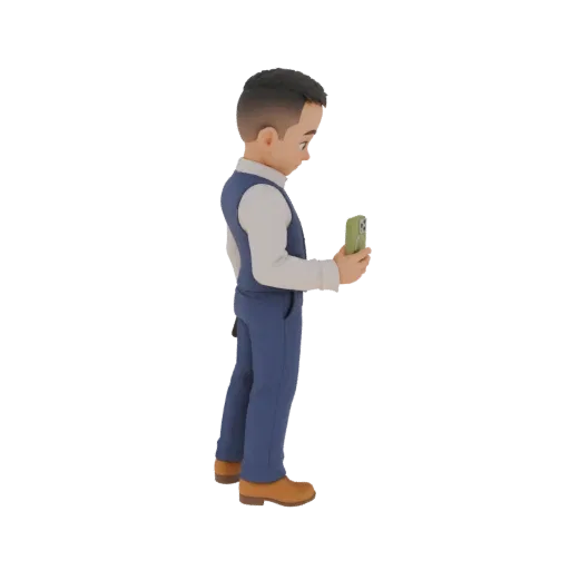 3D модель молодого мужчины в синем жилете и белой рубашке, держащего зеленый смартфон и смотрящего на экран.