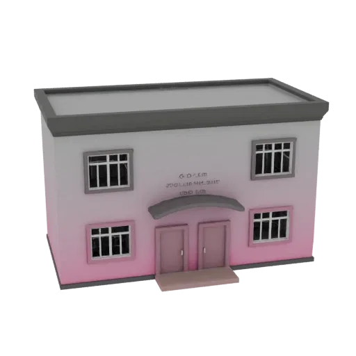 3D модель двухэтажного здания с розовым градиентным фасадом, двумя дверями и окнами, на черном фоне