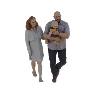3D модель отца с ребенком на руках, идущего с матерью рядом.