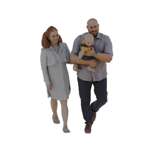 3D модель отца с ребенком на руках, идущего с матерью рядом.