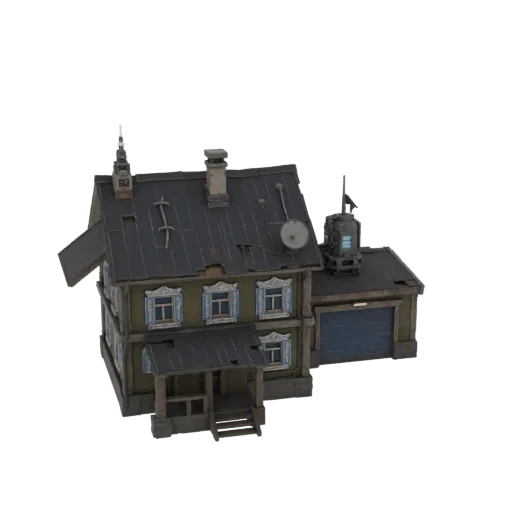 3D модель обветшалого постапокалиптического русского дома с гаражом, с традиционными окнами и поврежденной крышей.