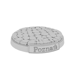 3D модель круглого основания с текстурой брусчатки и надписью 'Poznan' сбоку.