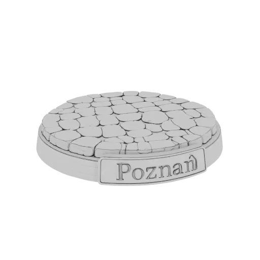 3D модель круглого основания с текстурой брусчатки и надписью 'Poznan' сбоку.
