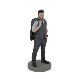 3D модель мужчины в сером клетчатом костюме, пиджак на плече, стоит на круглой подставке.
