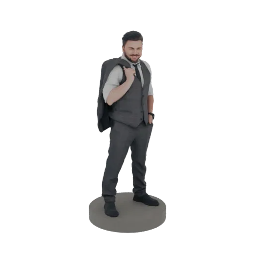 3D модель мужчины в сером клетчатом костюме, пиджак на плече, стоит на круглой подставке.