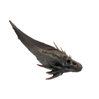 3D модель темного черепа инопланетного дракона с острыми шипами, вид с трехчетвертной перспективы на белом фоне.