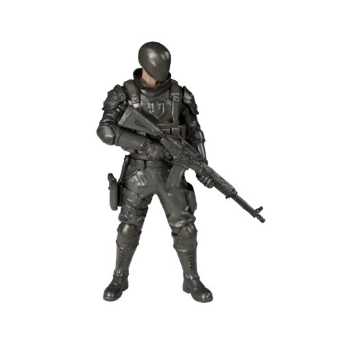3D персонаж Фэнтезийный NPC Солдат, вид из вьюпорта движка, готовый к анимации ассет со стойкой; винтовка, тактическая броня,