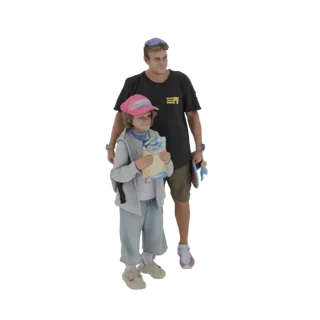 3D-модель улыбающегося отца со скейтбордом рядом с ребенком, держащим закуску.