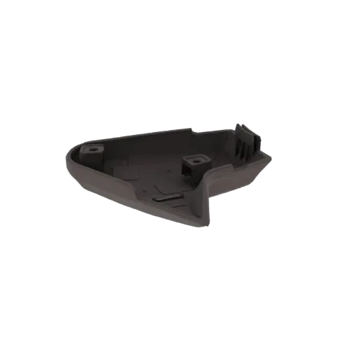 3D-модель темно-серой автомобильной клипсы обшивки с двумя крепежными штифтами и зажимными элементами, показанная под небольш