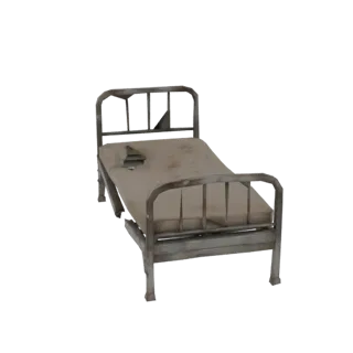3D модель поношенной больничной койки с порванным матрасом и ржавой металлической рамой, вид сбоку.