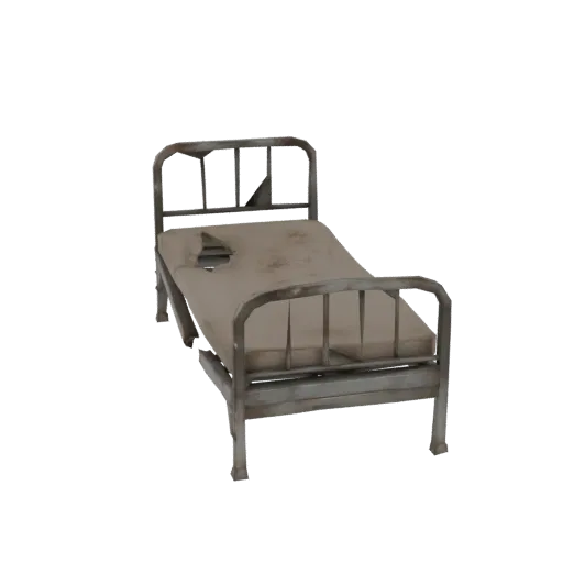 3D модель поношенной больничной койки с порванным матрасом и ржавой металлической рамой, вид сбоку.