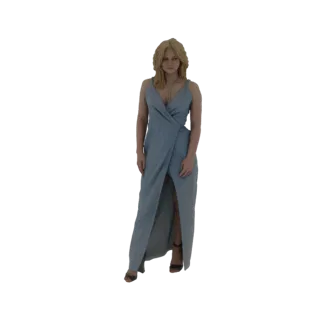 3D модель женщины в элегантном голубом платье с запахом и высоким разрезом, стоящей на белом фоне.