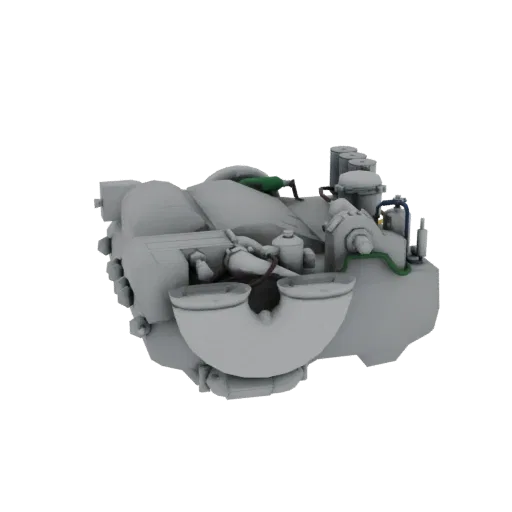 3D модель сложной, нетекстурированной серой сборки двигателя с замысловатыми трубами и механическими частями.