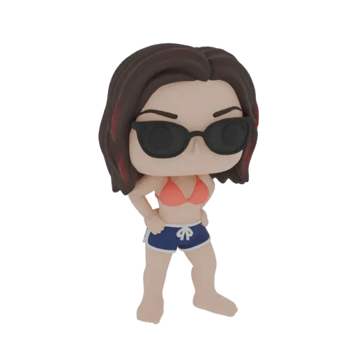 3D-модель девушки в стиле Funko Pop в коралловом бикини, темно-синих шортах и черных солнцезащитных очках, с каштановыми воло