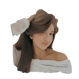 3D model of a young woman with brown hair, hand in hair, wearing an off-the-shoulder top, looking towards the viewer.