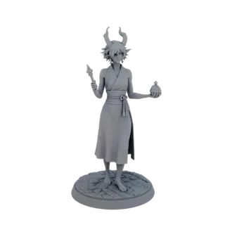 3D модель фэнтезийной колдуньи с рогами, держащей светящийся шар и посох, стоящей на брусчатом основании.