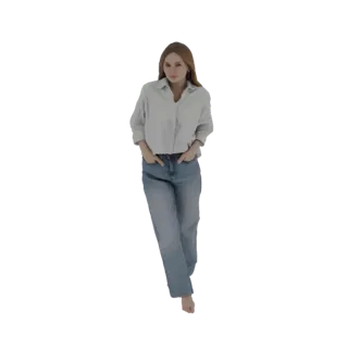 3D модель женщины с длинными каштановыми волосами в голубой рубашке и синих джинсах, стоящей с руками в карманах.