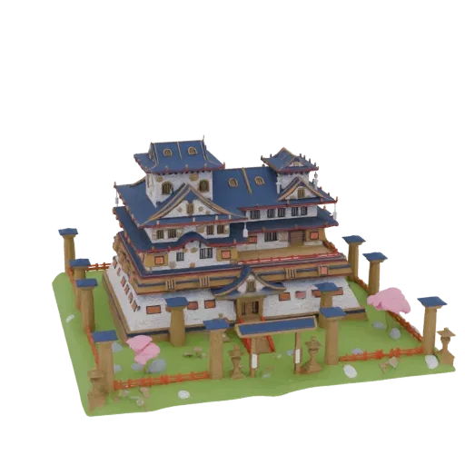 3D модель японского замка диорама с синими крышами, золотыми акцентами, воротами тории и сакурой.