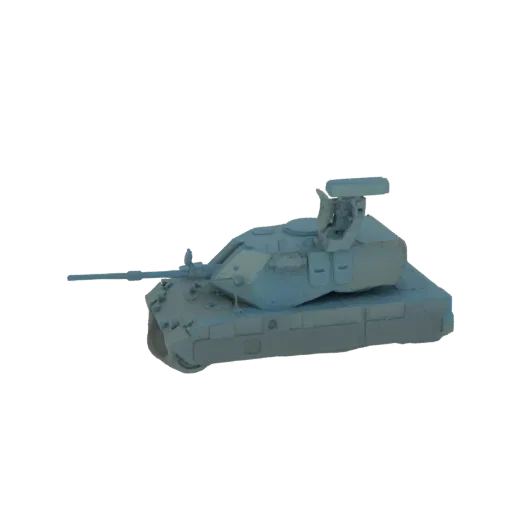 3D модель современного серого бронированного танка с длинноствольной пушкой и детализированной башней на черном фоне.