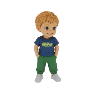 3D-модель мультяшного мальчика со светлыми волосами, в синей футболке 'ADVENTURES' и зеленых штанах, стоящего с руками в карм