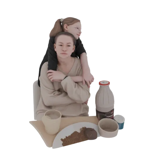 3D модель двух юных девушек в объятиях, одна обнимает другую, в мягкой стилизованной эстетике.
