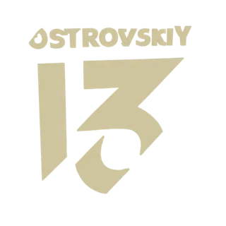 3D-модель логотипа Ostrovskiy 13 с текстом 'OSTROVSKIY' над большим стилизованным числом '13' бежевого цвета.