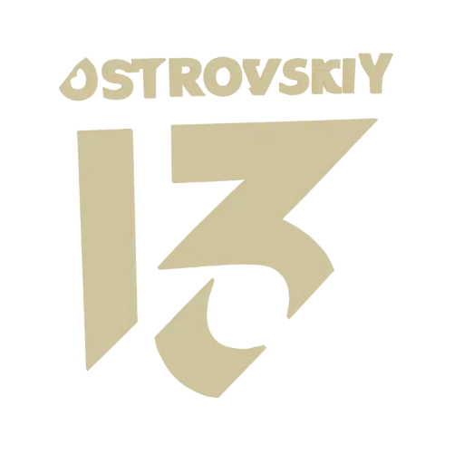 3D-модель логотипа Ostrovskiy 13 с текстом 'OSTROVSKIY' над большим стилизованным числом '13' бежевого цвета.