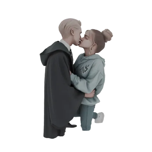 3D модель молодой пары, целующейся, мужчина в мантии в стиле Хогвартса, женщина в синей толстовке и джинсах.