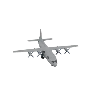 3D модель серого турбовинтового транспортного самолета Ан-12 с четырьмя двигателями, вид спереди.