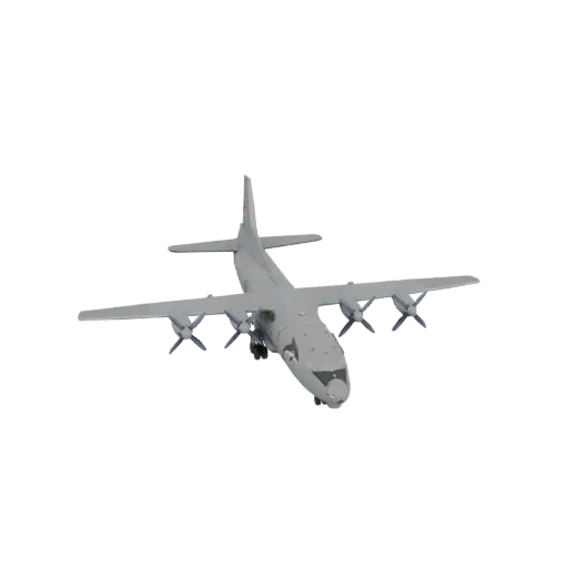 3D модель серого турбовинтового транспортного самолета Ан-12 с четырьмя двигателями, вид спереди.