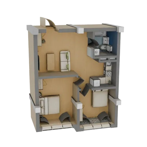 3D модель интерьера современной квартиры: спальня, кухня, гостиная с минималистичной мебелью.