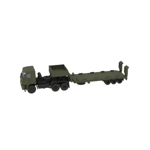 3D модель военного тягача оливкового цвета для перевозки тяжелой техники с тягачом и низкорамным прицепом