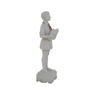 Рендер 3D модели статуи Юного Пионера, молодого человека в форме с красным галстуком, держащего открытую книгу, стоящего на п