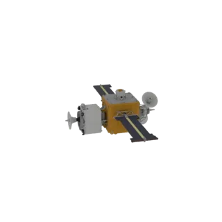 3D модель российского спутника Аист-2Д с развернутыми солнечными панелями, показывающая основной корпус, антенны и научные пр