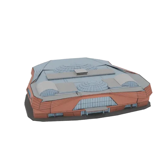 3D модель современного ТЦ с изогнутым оранжевым фасадом, окнами и куполами на светло-голубой крыше.