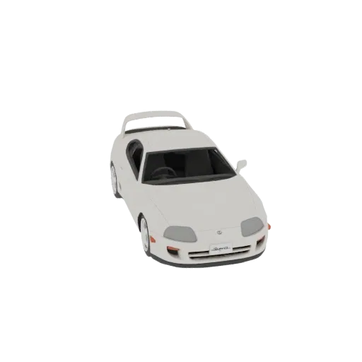 3D-модель белого спорткара Toyota Supra, вид спереди в три четверти на белом фоне.