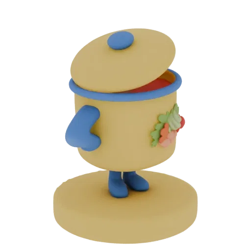 3D рендер причудливого желтого горшка-персонажа с синими руками и ногами, украшенного разноцветными цветами, стоящего на желт